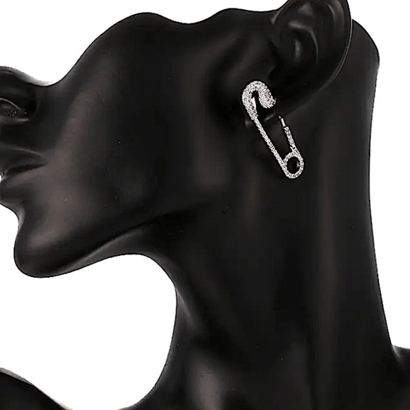 Silver Rhinestone Safety Pin Earrings, Minimalist - Picture 4 of 6